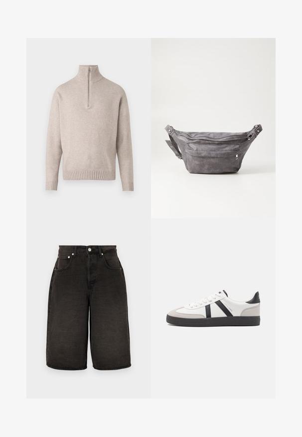 Beige neljandiku-kraega kapuutsiga sviiter pehmest kudumiskangast. Omab soonikkoes krae ja varrukaääri, lõdva istuvuse ja sujuva disainiga.; Mustad denim-lühikesed püksid sirge lõikega, esikottide, tõmbluku ja tekstureeritud kangaga, millel on peened kortsud. Hõbedased metalldetailid.; Valged tossud mustade ja hallide aktsentidega, tekstureeritud halli varbakattega, musta kummitald ja lamedad valged paelad. Puhtad jooned, minimalistlik stiil.; Hallikate nahast vöö kott, millel on ümar kuju, kaks tõmblukuga taskut ning reguleeritav rihm. Varustatud metallist detailide aktsentidega.