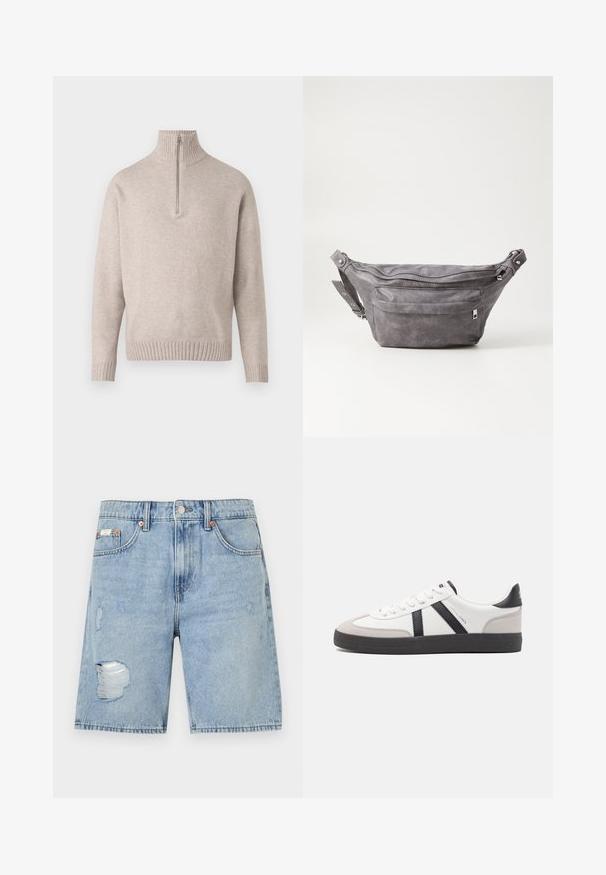 Smėlio spalvos ketvirčio užtrauktuko megztinis iš minkštos mezginio medžiagos. Su išplėstiniu apykakle ir rankogaliais, laisvu pjūviu ir besiūle konstrukcija.; Šviesiai mėlynos džinsinės šortai su nusidėvėjimo dizainu. Turintys suplyšusius kraštus ir lopai, penkių kišenių, metalinėmy užsegimu.; Balti sportbačiai su juodais ir pilkais akcentais, pasižymintys tekstūruotu pilku pirštų dangteliu, juoda gumine padais ir plokščiomis baltomis raišteliais. Švarus dizainas, minimalistinis stilius.; Pilkas suedes fanny pack'as apvalios formos, su dviem užtraukiamais skyreliais ir reguliuojama diržele. Yra metaliniai aksesuarai.