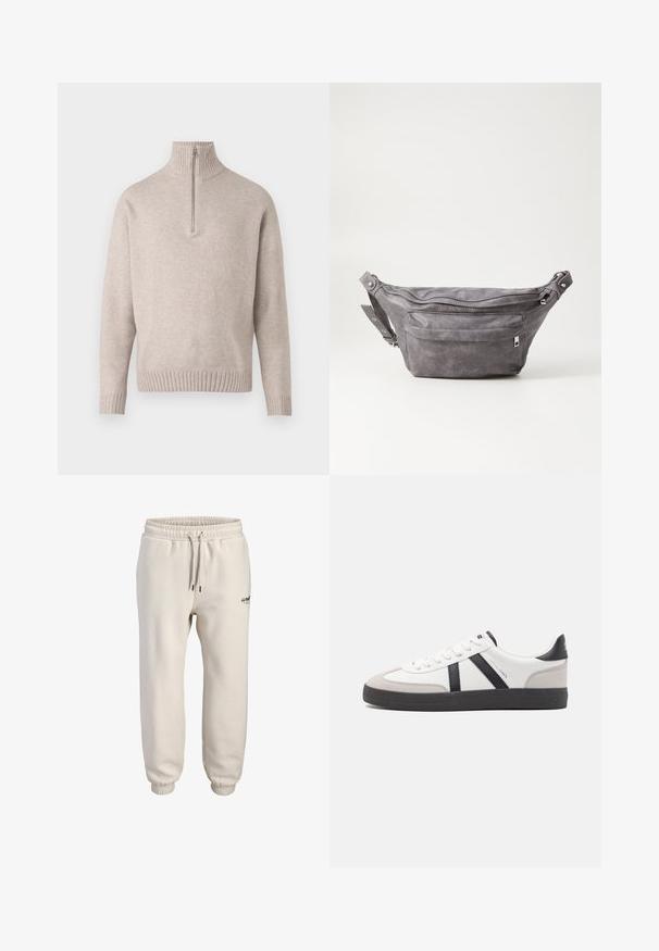 Beige quarter-zip pullover sweater in soft knit fabric. Features ribbed collar and cuffs, with a relaxed fit and seamless design.; Light beige jogger pants made of soft fabric, featuring an elastic waistband with drawstring and tapered cuffs. Small logo detail on front.; White sneaker with black and gray accents, featuring a textured gray toe cap, black rubber sole, and flat white laces. Clean design, minimalist style.; Gray suede fanny pack with a rounded shape, two zippered compartments, and adjustable strap. Features metal hardware accents.