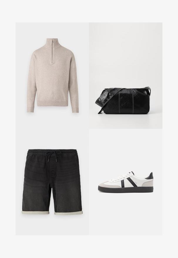 Beige neljandiku-kraega kapuutsiga sviiter pehmest kudumiskangast. Omab soonikkoes krae ja varrukaääri, lõdva istuvuse ja sujuva disainiga.; Mustad denim lühikesed püksid elastse vöökoha ja nöörihemaga. Omab rullitudäärte ja peeneid tekstuurimuutusi kogu ulatuses.; Valged tossud mustade ja hallide aktsentidega, tekstureeritud halli varbakattega, musta kummitald ja lamedad valged paelad. Puhtad jooned, minimalistlik stiil.; Must mustra nahkainine õlakott, millel on tõmblukk, tekstureeritud pind, valged õmblused ja rihm hõbedaste rõngastega.