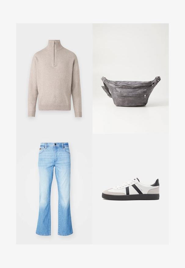 Suéter de punto suave en color beige, con medio cierre en el cuello. Presenta un cuello y puños acanalados, con un ajuste relajado y un diseño sin costuras.; Jeans acampanados de color azul claro fabricados en denim, con un acabado desgastado, diseño de cinco bolsillos y cierre de cremallera.; Zapatilla blanca con acentos en negro y gris, que presenta una puntera texturizada en gris, suela de goma negra y cordones planos blancos. Diseño limpio, estilo minimalista.; Riñonera de ante gris con forma redondeada, dos compartimentos con cremallera y correa ajustable. Presenta acentos de metal.
