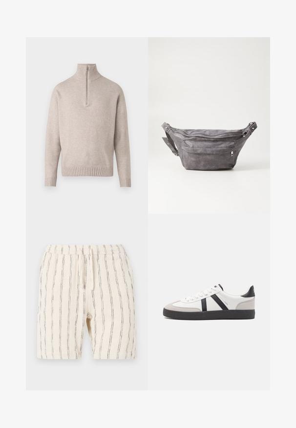 Bežani pulover s četvrtim zipom od mekanog pletiva. Ima rebrasti ovratnik i manžete, s opuštenim krojem i bezšavnim dizajnom.; Beige šorc s vertikalnim crnim prugama, sa elastičnom navlakom u struku i vezicom, izrađen od teksturiranog materijala.; Bijele tenisice s crnim i sivim detaljima, s teksturiranim sivim zaštitnikom prstiju, crnim gumene potplate i ravnim bijelim vezicama. Čist dizajn, minimalistički stil.; Siva zamšasta torbica preko struka sa zaobljenim oblikom, dva zip zatvorena odjeljka i podesivim remenom. Sadrži metalne naglaske.