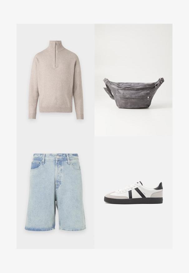 Bežani pulover s četvrtim zipom od mekanog pletiva. Ima rebrasti ovratnik i manžete, s opuštenim krojem i bezšavnim dizajnom.; Svijetloplave traper šortseve s labavim krojem, koji imaju dizajn s pet džepova, prednje kopčanje na gumb i iznofrane rubove.; Bijele tenisice s crnim i sivim detaljima, s teksturiranim sivim zaštitnikom prstiju, crnim gumene potplate i ravnim bijelim vezicama. Čist dizajn, minimalistički stil.; Siva zamšasta torbica preko struka sa zaobljenim oblikom, dva zip zatvorena odjeljka i podesivim remenom. Sadrži metalne naglaske.