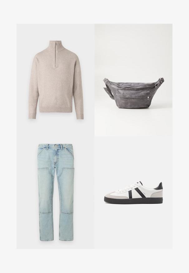 Bež pulover s četrtno zadrgo iz mehkega pletenega materiala. Z ribastim ovratnikom in manšetami, sproščenega kroja in brezšivnim dizajnom.; Svetlo modri jeans s ravnim nogavicam, z aplikacijskimi žepi in zbledelim videzom. Zapenjanje na gumb ob pasu, standardni pasni zanke.; Bela športna obutev z črnimi in sivo akcenti, z teksturirano sivo kapico za prste, črnim gumijastim podplatom in ravnimi belimi vezalkami. Čista zasnova, minimalistični slog.; Sivkasta zamšasta torbica s okroglo obliko, dvema žepoma na zadrgo in nastavljivim trakom. Ima kovinske dodatke.
