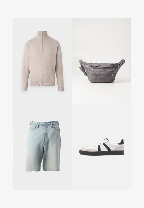 Suéter de punto suave en color beige, con medio cierre en el cuello. Presenta un cuello y puños acanalados, con un ajuste relajado y un diseño sin costuras.; Shorts de mezclilla azul claro con cintura alta, cinco bolsillos y cierre de botón. La tela tiene una textura ligeramente desgastada y un aspecto descolorido.; Zapatilla blanca con acentos en negro y gris, que presenta una puntera texturizada en gris, suela de goma negra y cordones planos blancos. Diseño limpio, estilo minimalista.; Riñonera de ante gris con forma redondeada, dos compartimentos con cremallera y correa ajustable. Presenta acentos de metal.