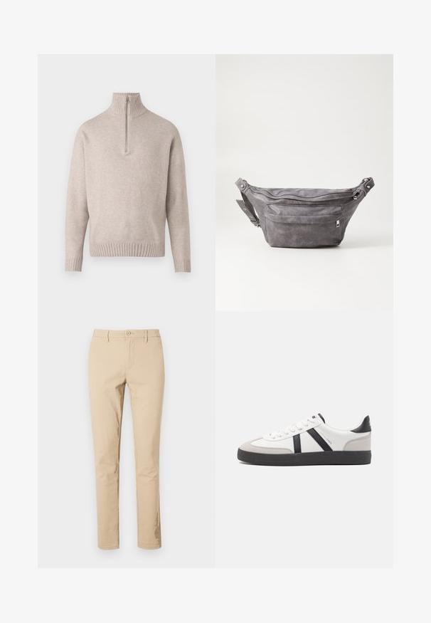 Bežani pulover s četvrtim zipom od mekanog pletiva. Ima rebrasti ovratnik i manžete, s opuštenim krojem i bezšavnim dizajnom.; Bež pamučne hlače s klasičnim krojem, zatvaračem na munju i kopčom na gumb, petljama za remen i čistim rubovima. Nema vidljivih uzoraka ili akcenta.; Bijele tenisice s crnim i sivim detaljima, s teksturiranim sivim zaštitnikom prstiju, crnim gumene potplate i ravnim bijelim vezicama. Čist dizajn, minimalistički stil.; Siva zamšasta torbica preko struka sa zaobljenim oblikom, dva zip zatvorena odjeljka i podesivim remenom. Sadrži metalne naglaske.