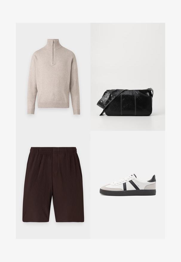 Bežani pulover s četvrtim zipom od mekanog pletiva. Ima rebrasti ovratnik i manžete, s opuštenim krojem i bezšavnim dizajnom.; Smeđe, plisirane kratke hlače s elastičnim pojasom i džepovima, izrađene od laganog materijala. Porub seže malo iznad koljena.; Bijele tenisice s crnim i sivim detaljima, s teksturiranim sivim zaštitnikom prstiju, crnim gumene potplate i ravnim bijelim vezicama. Čist dizajn, minimalistički stil.; Crna kožna torba preko ramena s zatvaranjem na patentni zatvarač, s teksturiranim tijelom, bijelim šavovima i remenom sa srebrnim okovima.