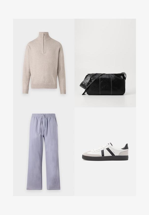 Smėlio spalvos ketvirčio užtrauktuko megztinis iš minkštos mezginio medžiagos. Su išplėstiniu apykakle ir rankogaliais, laisvu pjūviu ir besiūle konstrukcija.; Šviesiai violetinės, laisvai krentančios kelnės su plačiais kojomis, pagamintos iš minkštos medžiagos. Turi elastinę juosmenį ir raištelį reguliuojamam prisitaikymui.; Balti sportbačiai su juodais ir pilkais akcentais, pasižymintys tekstūruotu pilku pirštų dangteliu, juoda gumine padais ir plokščiomis baltomis raišteliais. Švarus dizainas, minimalistinis stilius.; Juodas odinis pečių krepšys su užtrauktuku, turintis tekstūruotą paviršių, baltą siuvinėjimą ir dirželį su sidabinėmis metalinėmis detalėmis.