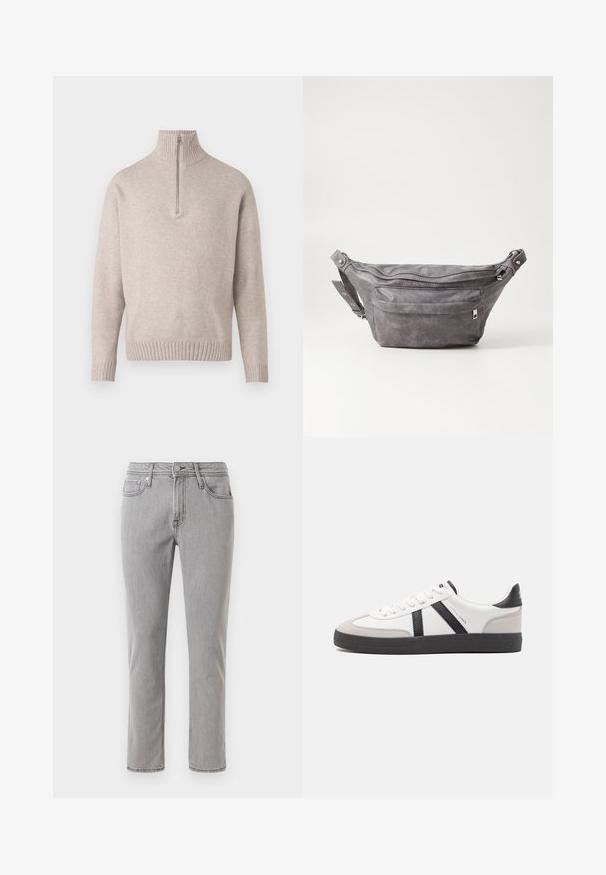 Béžový pulovr s čtvrtzipem ze měkké pleteniny. Obsahuje ribbovaný límec a manžety, má uvolněný střih a bezšvový design.; Šedé džíny z denimu se straight střihem, pěti kapsami, poutky na opasek a předním knoflíkovým zapínáním. Tkanina má hladkou strukturu.; Bílé tenisky s černými a šedými akcenty, opatřené texturovaným šedým prstovým krytem, černou gumovou podrážkou a plochými bílými tkaničkami. Čistý design, minimalistický styl.; Šedý semišový ledvinka s kulatým tvarem, dvěma zipovými přihrádkami a nastavitelným popruhem. Obsahuje kovové akcenty.