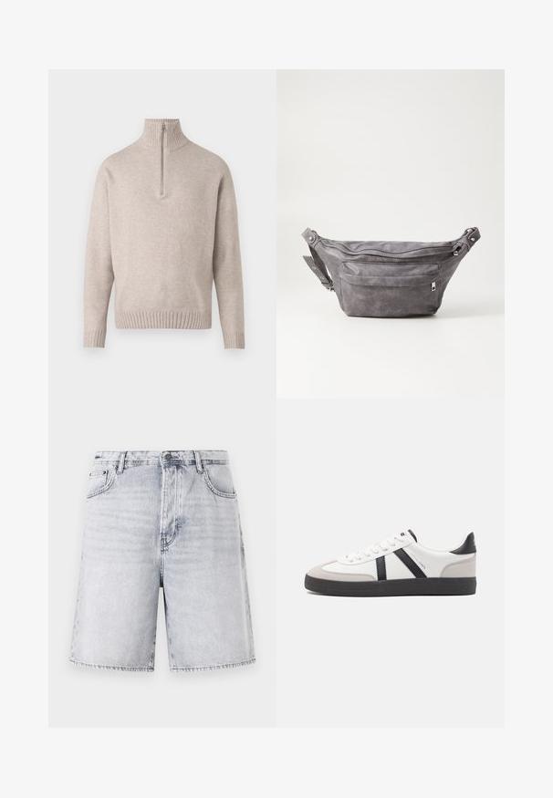 Beige neljandiku-kraega kapuutsiga sviiter pehmest kudumiskangast. Omab soonikkoes krae ja varrukaääri, lõdva istuvuse ja sujuva disainiga.; Heledensüsinest lühišortsid heledates hallides toonides, millel on veidi kulunud välimus. Omab viit taskut, vöölõikeid ja lukuga esi avamist koos nööpide sulgemisega.; Valged tossud mustade ja hallide aktsentidega, tekstureeritud halli varbakattega, musta kummitald ja lamedad valged paelad. Puhtad jooned, minimalistlik stiil.; Hallikate nahast vöö kott, millel on ümar kuju, kaks tõmblukuga taskut ning reguleeritav rihm. Varustatud metallist detailide aktsentidega.