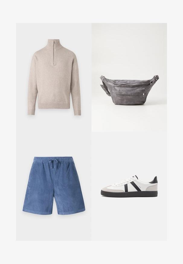 Beige kwart-rits trui in zachte gebreide stof. Voorzien van een ribbelkraag en -manchetten, met een ontspannen pasvorm en naadloos ontwerp.; Blauwe corduroy shorts met een elastische tailleband en trekkoorden. Beschikt over een verticale ribbelstructuur en een rechte pijp.; Witte sneaker met zwarte en grijze accenten, voorzien van een grijze neus met textuur, zwarte rubberen zool en platte witte veters. Schoon ontwerp, minimalistische stijl.; Grijze suède heuptas met een ronde vorm, twee met rits afgesloten compartimenten en een verstelbare band. Voorzien van metalen accenten.