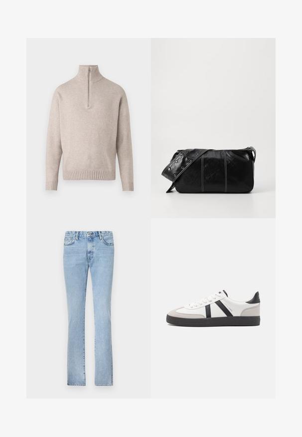 Beige quarter-zip pullover sweater in soft knit fabric. Features ribbed collar and cuffs, with a relaxed fit and seamless design.; Light blue denim jeans with a straight-leg cut, five-pocket design, and a button closure. Smooth texture and even fading throughout.; White sneaker with black and gray accents, featuring a textured gray toe cap, black rubber sole, and flat white laces. Clean design, minimalist style.; Black leather shoulder bag with a zip closure, featuring a textured body, white stitching, and a strap with silver grommets.