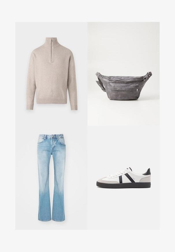Pulover bej cu fermoar la jumătate dintr-un material tricotat moale. Prezintă un guler și manșete cusute, având o croială lejeră și un design fără cusături.; Jeans flared din denim albastru deschis, cu pierderi de culoare de la închis la deschis, având două buzunare frontale și bucle pentru curea, prezentând o închidere tradițională cu fermoar și buton.; Sneaker alb cu accente negre și gri, având un capac de vârf gri texturat, talpă din cauciuc negru și șireturi plate albe. Design elegant, stil minimalist.; Borseta gri din suede, cu o formă rotunjită, două compartimente cu fermoar și curea ajustabilă. Are accente din metal.