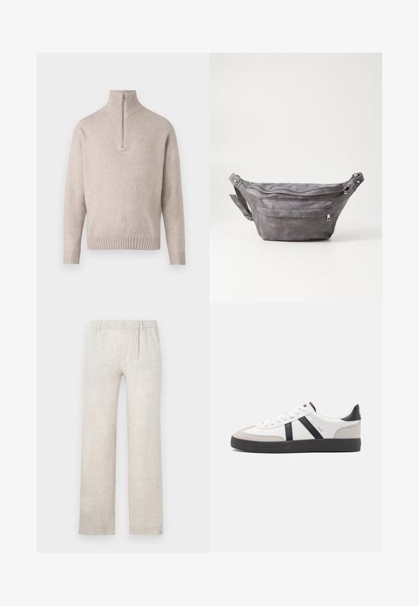 Bežs ceturtdaļas rāvējslēdzēja džemperis, izgatavots no mīkstām adītām šķiedrām. Ar ribotām apkakli un piedurknēm, brīvi izgatavots un bezšuvju dizains.; Gai bēšu lina bikses ar taisnu kāju dizainu, elastīgu jostu un pogu aizdari. Minimāla tekstūra ar smalkiem šuvju akcentiem.; Baltas sneakeris ar melniem un pelēkiem akcentiem, kuram ir teksturēts pelēks purngals, melna gumijas zole un plakanas baltas šņores. Tīrs dizains, minimālisma stils.; Pelēks zamšādas jostas somiņa ar noapaļotu formu, divām kabatām ar rāvējslēdzējiem un regulējamu siksnu. Iekļauj metāla aksesuārus.