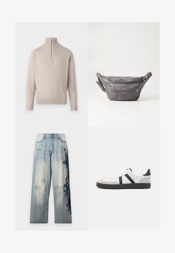 Smėlio spalvos ketvirčio užtrauktuko megztinis iš minkštos mezginio medžiagos. Su išplėstiniu apykakle ir rankogaliais, laisvu pjūviu ir besiūle konstrukcija.; Šviesiai mėlyni džinsai su plačiais kojomis, pasižymintys nusidėvėjusiomis detalėmis ir abstrakčiomis juodomis bei mėlynomis raštais vienoje pusėje. Klasikinis penkių kišenių modelis.; Balti sportbačiai su juodais ir pilkais akcentais, pasižymintys tekstūruotu pilku pirštų dangteliu, juoda gumine padais ir plokščiomis baltomis raišteliais. Švarus dizainas, minimalistinis stilius.; Pilkas suedes fanny pack'as apvalios formos, su dviem užtraukiamais skyreliais ir reguliuojama diržele. Yra metaliniai aksesuarai.