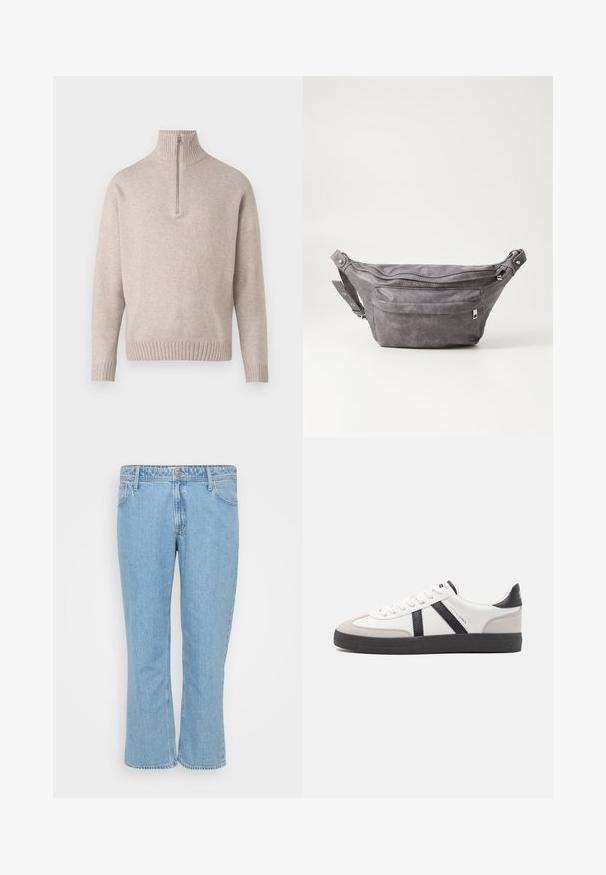 Beżowy sweter z półzipem o miękkiej dzianinie. Posiada ryżowy kołnierz i mankiety, w luźnym fasonie i bezszwowym designie.; Jasnoniebieskie dżinsy o prostym kroju, z pięcioma kieszeniami oraz zapięciem na guzik w pasie.; Białe sneakersy z czarnymi i szarymi akcentami, z teksturowanym szarym czubkiem, czarną gumową podeszwą i płaskimi białymi sznurowadłami. Czysty design, minimalistyczny styl.; Szara zamszowa saszetka biodrowa o zaokrąglonym kształcie, z dwoma zasuwanymi komorami i regulowanym paskiem. Wyróżnia się metalowymi akcentami.