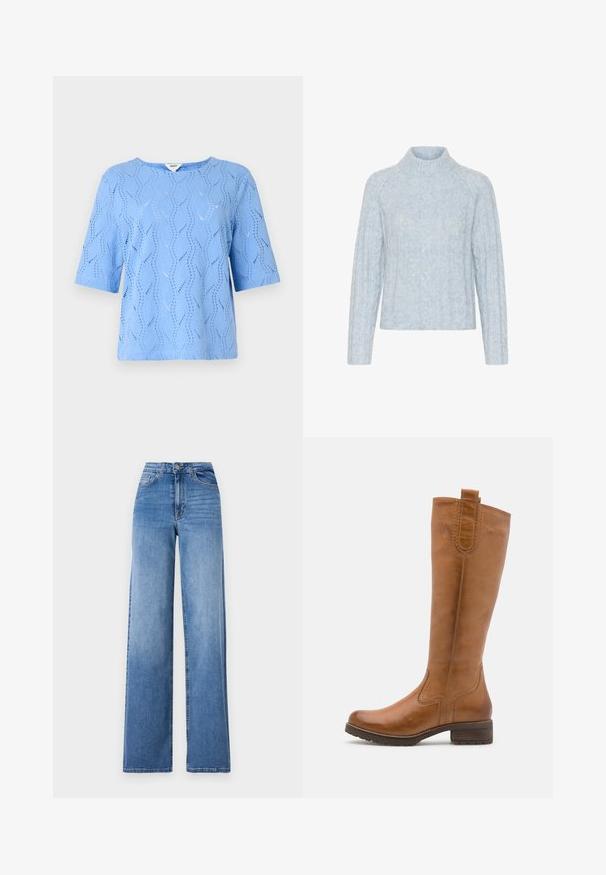 Helles blaues Strickpullover mit hohem Kragen, versehen mit strukturierten Kabelmustern und langen Ärmeln, aus weichem, flauschigem Material gefertigt.; Hellblaues, kurzärmliges Oberteil mit Wellenmuster und Ausschnitten. Rundhalsausschnitt, lockere Passform, aus strukturierter Baumwolle.; Helleblaue, weit geschnittene Jeans aus Denim mit hoher Taille, Vorderaschen und einem normalen Knopfverschluss. Glatte Textur.; Anna Field LEATHER - Stiefel - cognac