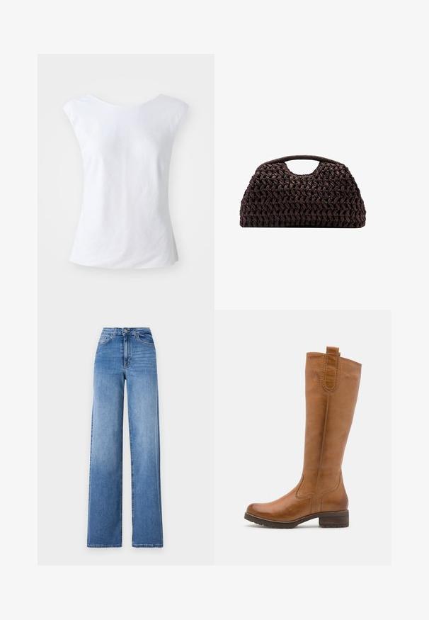 Lichtblauwe gebreide trui met hoge hals, voorzien van getextureerde kabelpatronen en lange mouwen, gemaakt van zacht, pluizig materiaal.; Witte mouwloze top met een ronde halslijn, gemaakt van textuurstof. Eenvoudig, onversierd ontwerp met een ontspannen pasvorm.; Lichtblauwe wijd uitlopende spijkerbroek van denim, met een hoge taille, voorkruiszakken en een standaard knoopsluiting. Gladde textuur.; Anna Field LEATHER - Laarzen - cognac; Geweven bruin handtas met een ronde silhouet, voorzien van een bovenhandvat en een gestructureerde oppervlakte. Compact ontwerp met een platte basis voor stabiliteit.