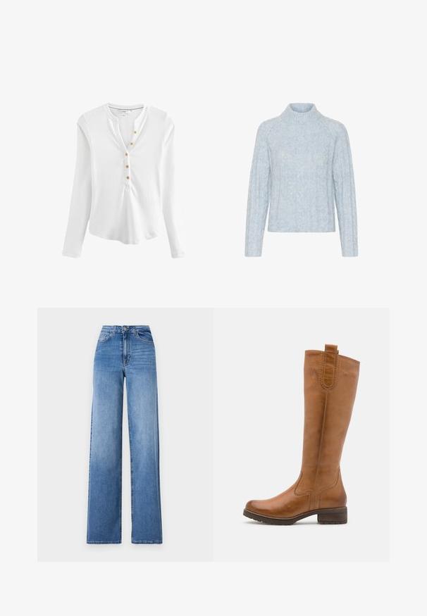 Light blue knitted sweater with a high neckline, featuring textured cable patterns and long sleeves, made from soft, fluffy material.; White long-sleeve henley shirt made of ribbed material, featuring a notched collar, five golden buttons down the front, and a curved hem.; Light blue wide-leg jeans made of denim, featuring a high waist, front pockets, and a standard button closure. Smooth texture.; Anna Field LEATHER - Boots - cognac