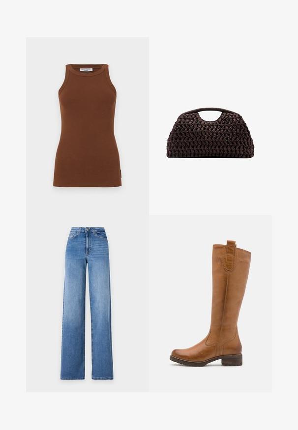Helles blaues Strickpullover mit hohem Kragen, versehen mit strukturierten Kabelmustern und langen Ärmeln, aus weichem, flauschigem Material gefertigt.; Brauner gerippter Tank-Top mit einer taillierten Passform, Rundhalsausschnitt und breiten Trägern. Verfügt über ein kleines Logotag an der Seite.; Helleblaue, weit geschnittene Jeans aus Denim mit hoher Taille, Vorderaschen und einem normalen Knopfverschluss. Glatte Textur.; Anna Field LEATHER - Stiefel - cognac; Geflochtener brauner Handtasche mit runder Silhouette, ausgestattet mit einem oberen Griff und strukturierten Oberfläche. Kompaktes Design mit flachem Boden für Stabilität.