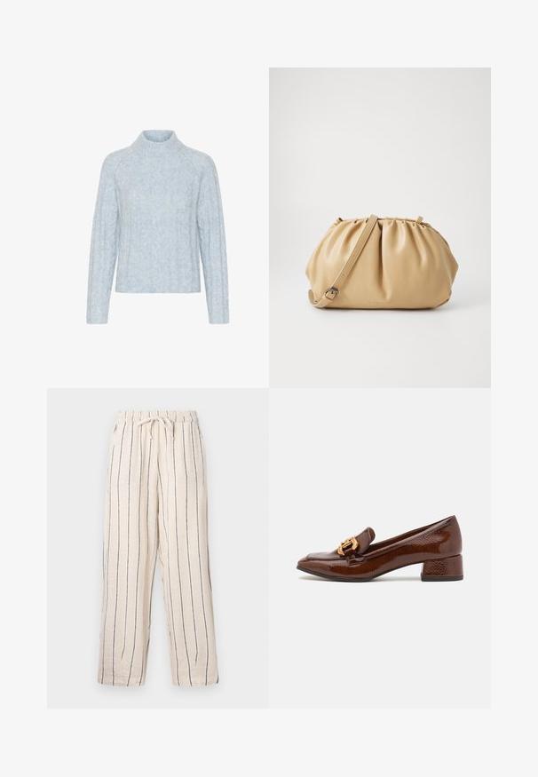 Suéter de punto azul claro con un escote alto, que presenta patrones de trenzado texturizado y mangas largas, confeccionado en un material suave y esponjoso.; Pantalones de mezcla de lino en beige con rayas verticales en azul marino, cinturilla elástica y cordón ajustable. Corte de pierna ancha y textura ligera.; Mocasines de cuero marrón con un acabado brillante, que presentan una hebilla decorativa dorada en la parte frontal y un tacón bajo tipo bloque. Diseño clásico.; Bolso de piel color marrón claro con un diseño plisado, correa ajustable y forma redondeada. Marca minimalista en la superficie frontal.