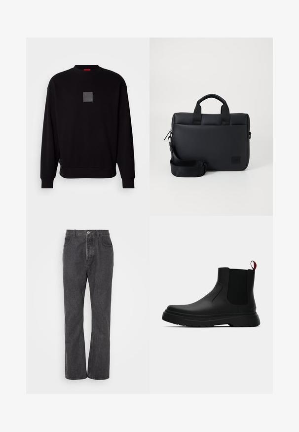 Felpa nera con maniche lunghe, scollatura rotonda, logo quadrato grigio sul davanti, texture morbida e polsini e orlo a coste.; Jeans in denim nero con design dritto, caratterizzati da una chiusura anteriore con bottone, passanti per cintura e leggere sfumature per un effetto texture.; Stivale alla caviglia nero con finitura liscia, pannelli laterali elastici e un tab di presa rosso a contrasto, dotato di una suola in gomma spessa e punta arrotondata.; Borsa per laptop nera con texture, dotata di doppie maniglie superiori, tracolla staccabile, chiusura con zip e un piccolo patch logo per il branding.