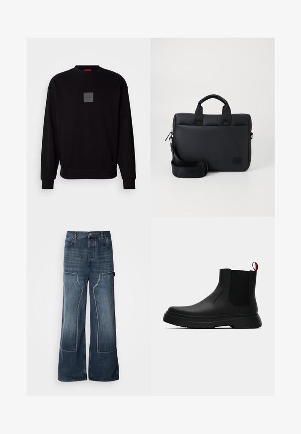 Sweatshirt preto com mangas longas, gola redonda, um logótipo cinza em forma de quadrado na frente, textura suave e punhos e barra canelados.; Calças de ganga azuis largas com pernas largas, apresentando detalhes em patchwork, costura em contraste, grandes bolsos laterais e fecho com botão.; Botim preto até ao tornozelo com um acabamento liso, painéis laterais elásticos e uma pega vermelha em contraste, com uma sola de borracha espessa e bico arredondado.; Mala para portátil texturada preta com duas alças superiores, alça destacável, fecho com zip e um pequeno logotipo para marcação.