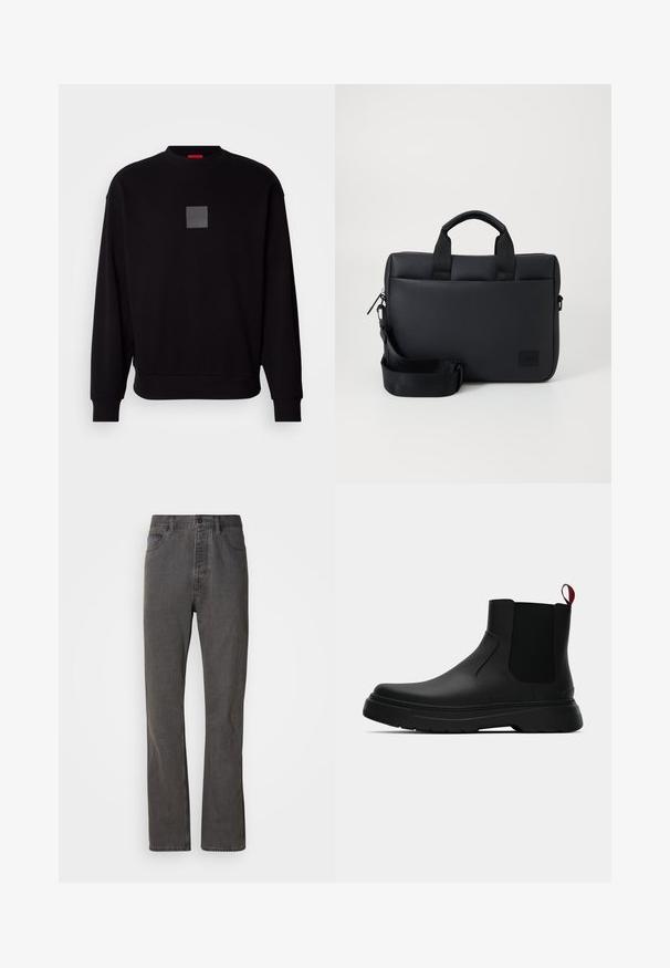 Zwarte sweatshirt met lange mouwen, ronde halslijn, een grijzige vierkante logo op de voorkant, zachte textuur en geribde manchetten en zoom.; Grijze spijkerbroek met een rechte pijp, voorzien van voorzakken, een knoopsluiting en een subtiele textuur.; Zwarte enkelboot met een gladde afwerking, elastische zijpanelen en een contrasterende rode treklus, met een dikke rubberen zool en een afgeronde teen.; Zwarte gestructureerde laptoptas met dubbele bovenhandvatten, een afneembare schouderband, ritssluiting en een klein logopatcher voor branding.