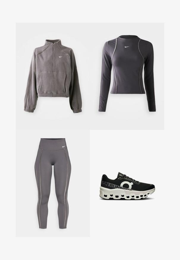 Grå fleecepullover med kvart lynlås, featuring elastiske manchetter og ærmer, frontlomme og et lille hvidt logo på venstre bryst.; Langærmet atletisk top i mørkegrå, lavet af strækbart stof, med en rund halsudskæring og kontrastsyede detaljer. Nike-logo på brystet.; Grå højtaljede leggings lavet af strækbart stof, med kontrasterende sidestriber og en tætsiddende design for komfort og fleksibilitet.; Sort løbesko med en struktureret mesh-overdel, fremtrædende hvidt logo og en unik hvid og sort formstøbt sål med hexagonale udskæringer.