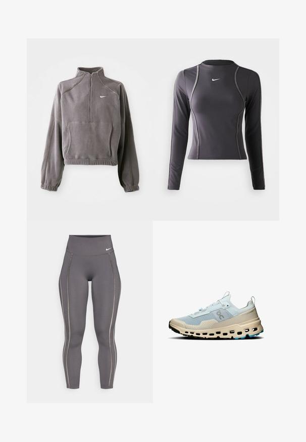 Grijze fleece pullover met een kwart rits, voorzien van elastische manchetten en zoom, een voorkantzak en een klein wit logo op de linkerkant van de borst.; Langarm sporttop in donkergrijs, gemaakt van rekbaar materiaal, met een ronde halslijn en contrasterende stiksels. Nike-logo op de borst.; Grijze hoog-taille legging gemaakt van rekbare stof, met contrasterende zijstrepen en een aansluitend ontwerp voor comfort en flexibiliteit.; Lichtblauwe mesh hardloopschoen met beige accenten, textuurafwerking, opvallende uitsparingen in de tussenzool en contrasterende zwarte buitenzool.