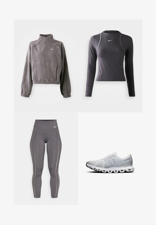 Grijze fleece pullover met een kwart rits, voorzien van elastische manchetten en zoom, een voorkantzak en een klein wit logo op de linkerkant van de borst.; Langarm sporttop in donkergrijs, gemaakt van rekbaar materiaal, met een ronde halslijn en contrasterende stiksels. Nike-logo op de borst.; Grijze hoog-taille legging gemaakt van rekbare stof, met contrasterende zijstrepen en een aansluitend ontwerp voor comfort en flexibiliteit.; Lichtgrijze sportchoenen met een bovenwerk van mesh, witte veters en een segmentzool in het wit. Bevat een logo en subtiele ontwerplijnen aan de zijkanten.