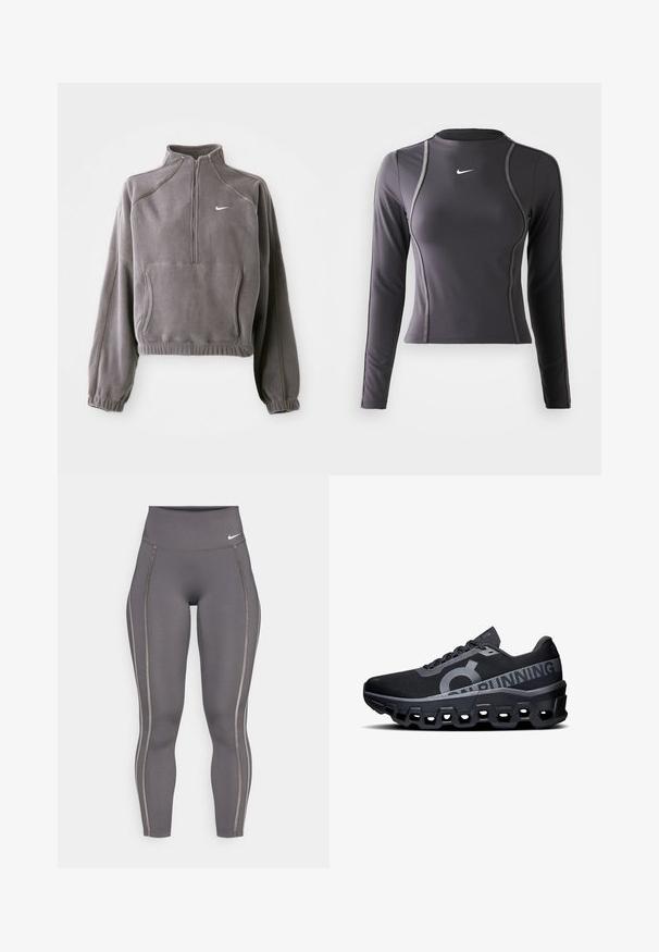 Pull en polaire gris avec une demi-fermeture éclair, doté de poignets et d'un ourlet élastiques, d'une poche frontale et d'un petit logo blanc sur la poitrine gauche.; Haut de sport à manches longues en gris foncé, fabriqué en tissu extensible, avec un col arrondi et des coutures contrastées. Logo Nike sur la poitrine.; Leggings gris taille haute fabriqués en tissu extensible, avec des bandes latérales contrastantes et un design ajusté pour le confort et la flexibilité.; Baskets de course noires avec une tige en maille texturée, présentant un logo-proéminent et des accents réfléchissants. Semelle épaisse en mousse avec des découpes hexagonales.
