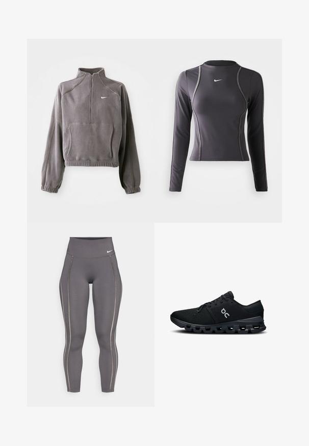Gray fleece pullover with a quarter zip, featuring elastic cuffs and hem, front pocket, and a small white logo on the left chest.; Long-sleeve athletic top in dark gray, made of stretchy fabric, featuring a rounded neckline and contrasting stitching. Nike logo on the chest.; Gray high-waisted leggings made from stretchy fabric, featuring contrasting side stripes and a fitted design for comfort and flexibility.; Black athletic shoes with a breathable mesh upper, sleek design, and cushioned sole featuring a unique, segmented tread pattern.