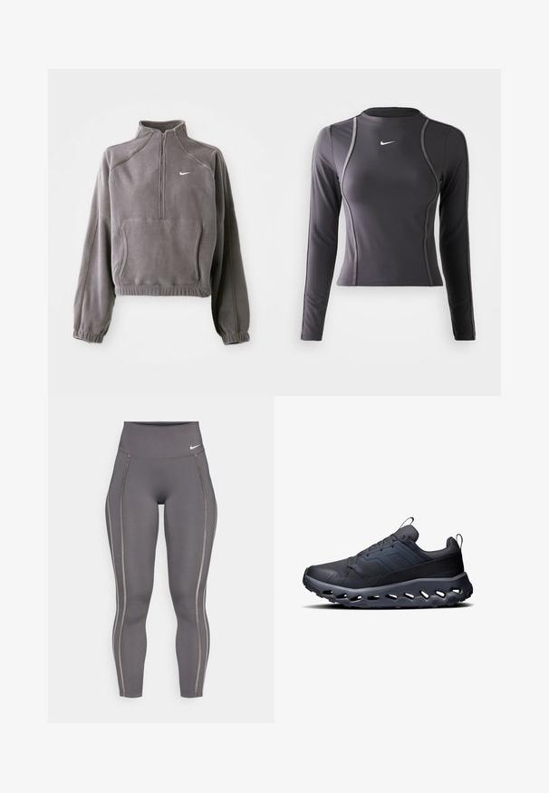 Gray fleece pullover with a quarter zip, featuring elastic cuffs and hem, front pocket, and a small white logo on the left chest.; Long-sleeve athletic top in dark gray, made of stretchy fabric, featuring a rounded neckline and contrasting stitching. Nike logo on the chest.; Gray high-waisted leggings made from stretchy fabric, featuring contrasting side stripes and a fitted design for comfort and flexibility.; Black athletic shoes with a textured mesh upper, raised accents, and a thick, cushioned sole featuring cutouts for flexibility and ventilation.
