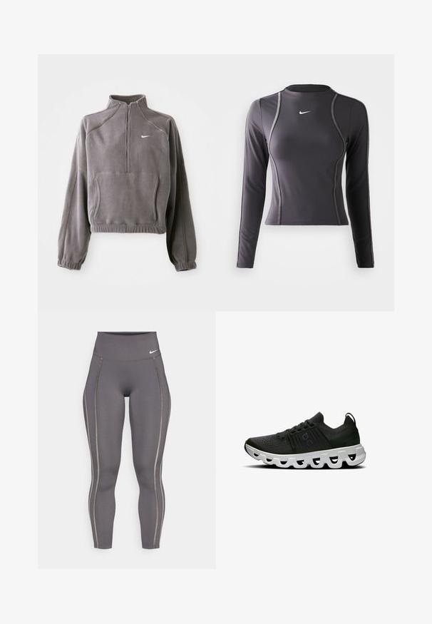 Grijze fleece pullover met een kwart rits, voorzien van elastische manchetten en zoom, een voorkantzak en een klein wit logo op de linkerkant van de borst.; Langarm sporttop in donkergrijs, gemaakt van rekbaar materiaal, met een ronde halslijn en contrasterende stiksels. Nike-logo op de borst.; Grijze hoog-taille legging gemaakt van rekbare stof, met contrasterende zijstrepen en een aansluitend ontwerp voor comfort en flexibiliteit.; Sport schoenen van zwart gaasmateriaal met een gestructureerd oppervlak, voorzien van een dikke witte golfzool en zwarte accenten. Inclusief veters en hieltab.
