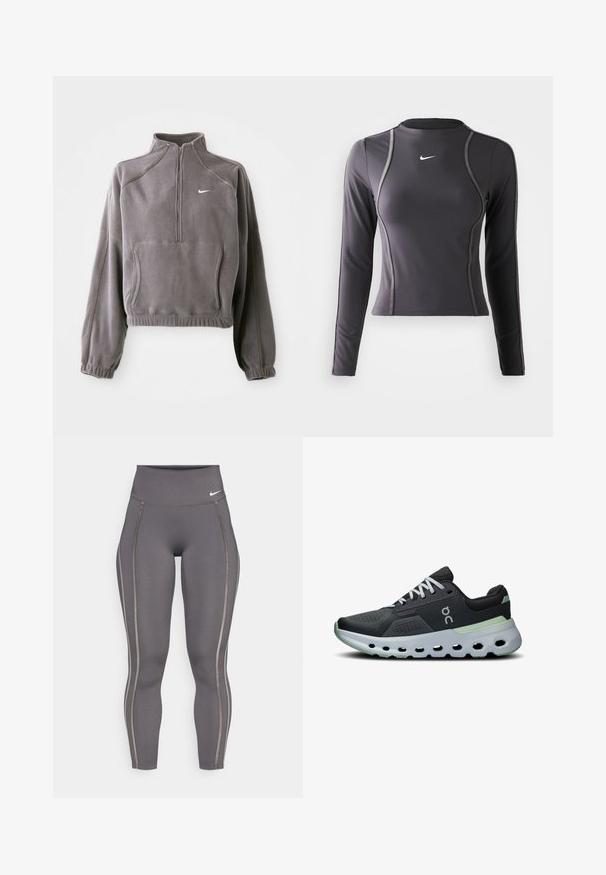 Gray fleece pullover with a quarter zip, featuring elastic cuffs and hem, front pocket, and a small white logo on the left chest.; Long-sleeve athletic top in dark gray, made of stretchy fabric, featuring a rounded neckline and contrasting stitching. Nike logo on the chest.; Gray high-waisted leggings made from stretchy fabric, featuring contrasting side stripes and a fitted design for comfort and flexibility.; Athletic sneakers featuring a black mesh upper, white laces, and a cushioned sole with green accents and a textured, ventilated design.