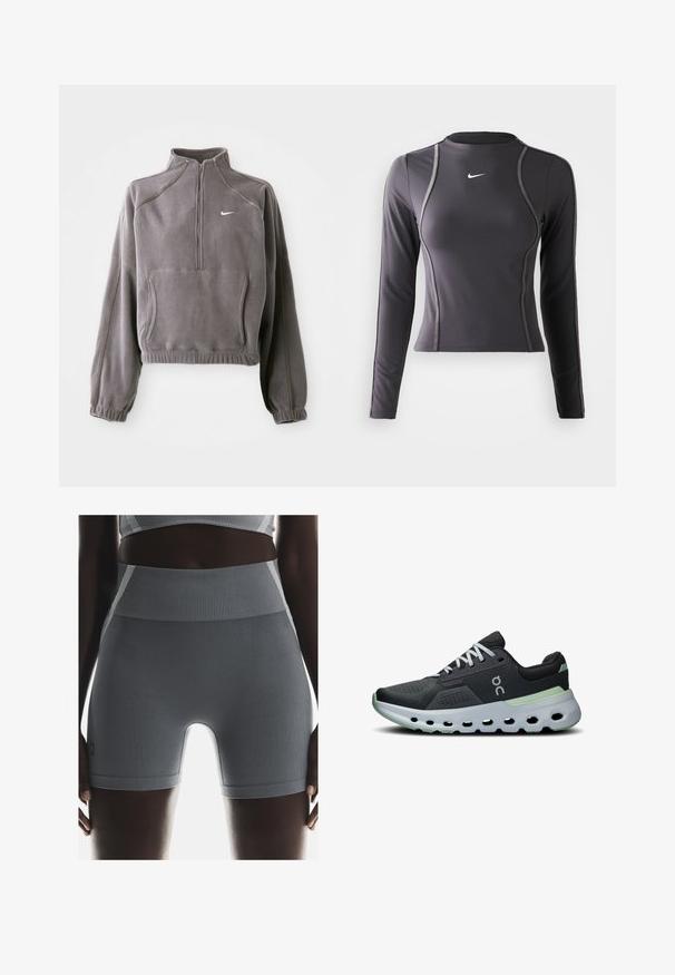 Grå fleecepullover med kvart lynlås, featuring elastiske manchetter og ærmer, frontlomme og et lille hvidt logo på venstre bryst.; Langærmet atletisk top i mørkegrå, lavet af strækbart stof, med en rund halsudskæring og kontrastsyede detaljer. Nike-logo på brystet.; Grå ribbede atletiske shorts har en høj talje, en glat tekstur og en tætsiddende pasform, suppleret med et lille mærke på siden.; Sportsko med sort netoverdel, hvide snørebånd og en dæmpet sål med grønne accenter samt et struktureret, ventileret design.