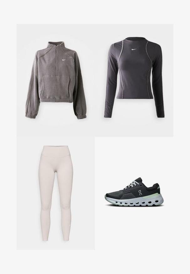 Grijze fleece pullover met een kwart rits, voorzien van elastische manchetten en zoom, een voorkantzak en een klein wit logo op de linkerkant van de borst.; Langarm sporttop in donkergrijs, gemaakt van rekbaar materiaal, met een ronde halslijn en contrasterende stiksels. Nike-logo op de borst.; Beige high-waisted leggings gemaakt van zacht, rekbaar materiaal, met een gladde textuur en een klein wit logo vlakbij de enkel.; Atletische sneakers met een zwarte mesh bovenkant, witte veters en een gevoerde zool met groene accenten en een geventileerd, textuurontwerp.