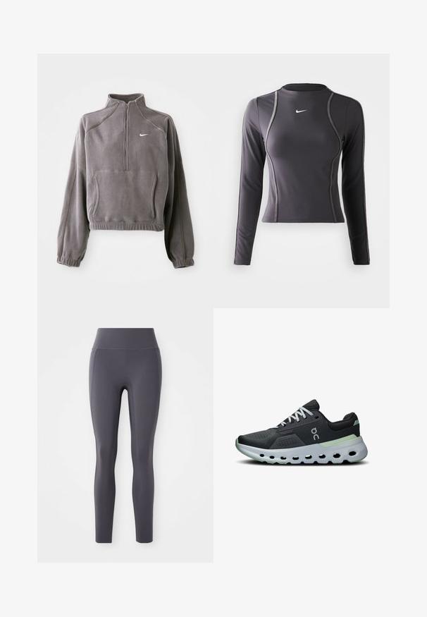 Pullover in pile grigio con zip a un quarto, dotato di polsini e orlo elasticizzati, tasca frontale e un piccolo logo bianco sul lato sinistro del petto.; Maglia sportiva a maniche lunghe grigia scura, realizzata in tessuto elastico, con scollo rotondo e cuciture a contrasto. Logo Nike sul petto.; Leggings a vita alta realizzati in un tessuto liscio ed elastico di colore grigio scuro. Presentano un design senza cuciture, senza tasche o motivi visibili.; Sneakers da atletica con tomaia in rete nera, lacci bianchi e suola ammortizzata con accenti verdi e un design testurizzato e ventilato.