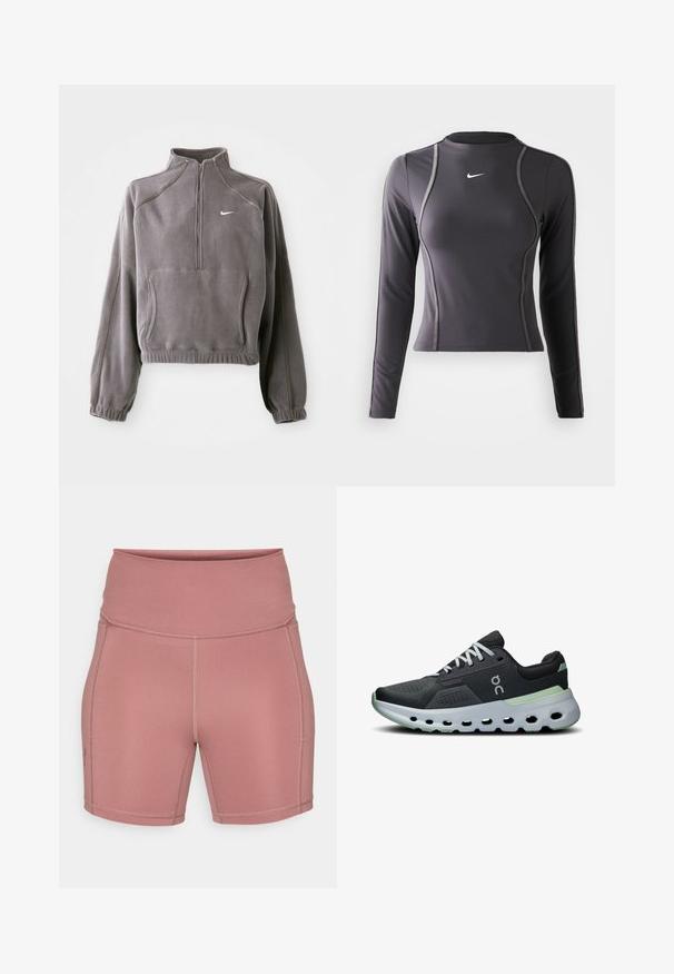 Harmaa fleece-pullover, jossa on neljänneksen vetoketju, joustavat hihansuut ja helma, etutasku ja pieni valkoinen logo vasemmassa rinnassa.; Pitkähihaisessa urheilupaidassa on tumma harmaa väri, siinä on joustava materiaali, pyöreä pääntie ja kontrastiväriset saumat. Rinnassa on Nike-logo.; Under Armour MIDDIE SHORT - Trikoot - maroon mist/dark maroon; Juoksukengät, joissa on musta verkkomateriaali yläosa, valkoiset nauhat ja pehmustettu pohja vihreillä yksityiskohdilla sekä teksturoitu, hyvin ilmastoitu muotoilu.