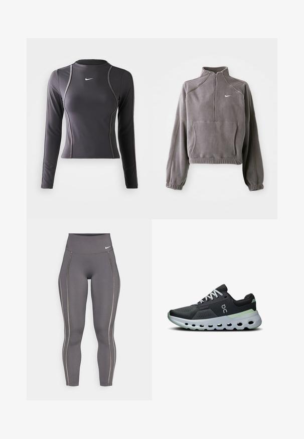 Grau Fleecetop mit einem Viertelreißverschluss, elastischen Bündchen und Saum, einer Vorderasche und einem kleinen weißen Logo auf der linken Brust.; Langärmliges Sportoberteil in Dunkelgrau, aus dehnbarem Material, mit rundem Ausschnitt und kontrastierenden Nähten. Nike-Logo auf der Brust.; Graue hoch taillierte Leggings aus dehnbarem Stoff, mit kontrastierenden seitlichen Streifen und einem figurbetonten Design für Komfort und Flexibilität.; Sportliche Sneaker mit einem Obermaterial aus schwarzem Mesh, weißen Schnürsenkeln und einer gepolsterten Sohle mit grünen Akzenten sowie einem strukturierten, belüfteten Design.