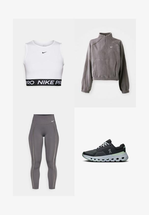 Harmaa fleece-pullover, jossa on neljänneksen vetoketju, joustavat hihansuut ja helma, etutasku ja pieni valkoinen logo vasemmassa rinnassa.; Valkoinen urheilullinen lyhyt toppi, jossa on pyöreä kaula-aukko, hihaton muotoilu ja musta elastinen vyötärö, jossa on "NIKE PRO" -teksti.; Harmaat korkeavyötäröiset legginsit, jotka on valmistettu joustavasta kankaasta. Niissä on erottuva sivuviiva ja tiukka muotoilu mukavuutta ja joustavuutta varten.; Juoksukengät, joissa on musta verkkomateriaali yläosa, valkoiset nauhat ja pehmustettu pohja vihreillä yksityiskohdilla sekä teksturoitu, hyvin ilmastoitu muotoilu.