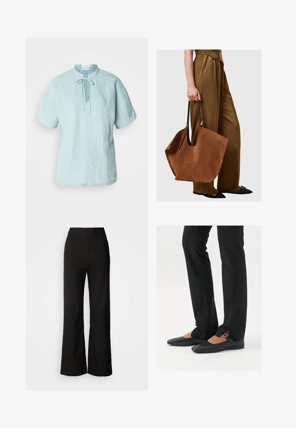 Pulover gri din tricot cu model cu ajur, cu mâneci lungi și guler rotund. Dispune de un model texturat și tiv cu nervuri, realizat dintr-un material moale și cald.; Cămașă scurtă din in de culoare albastru deschis, cu guler rotund, detaliu cu nod în față și croială dreaptă. Prezintă o textură subtilă și o croială casual.; Pantaloni negri cu croi larg, dintr-o textură netedă, cu talie înaltă și un design simplu. Fără buzunare vizibile sau embellishments.; Balerini din piele neagră, cu vârf ascuțit, curea cu cataramă argintie, asortați cu pantaloni negri tailoring cu tiv despicat.; Geantă de tote din suede maro cu mânere din piele neagră, având o formă largă și neglijentă și un design minimalist, ținută de o persoană îmbrăcată în pantaloni maro.; Cercei din metal argintiu cu un design sculptural ondulat, prezentând o finisare lucioasă și forme neregulate, evidențiind o estetică contemporană.