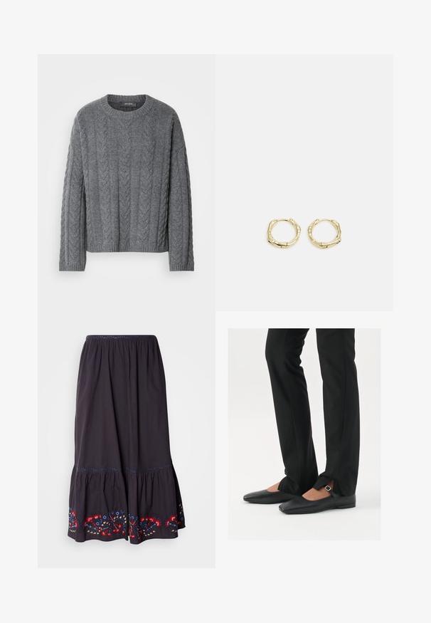 Harmaa kabelineulepaita, jossa on pitkät hihat ja pyöreä pääntie. Ominaisuuksiin kuuluu tekstuuri kuvio ja ribbaus helma, valmistettu pehmeästä ja lämpimästä materiaalista.; Tummanharmaa puuvillahame, jossa on kerroksellinen muotoilu ja kirjailtu kukkakoristelu punaisilla, sinisillä ja keltaisilla yksityiskohdilla helman kohdalla. Kuminauha vyötäröllä.; Musta nahkakengät balettityylillä, kärjessä terävä muoto, hihna hopeasoljella, yhdistetty mustiin räätälöityihin housuihin, joissa on halkiohelma.; Kultaiset renkaat, joissa on teksturoitu, epäsäännöllinen muoto. Varustettu saumattomalla suljinnalla ja kiillotetulla pinnalla, mikä korostaa modernia muotoilua.