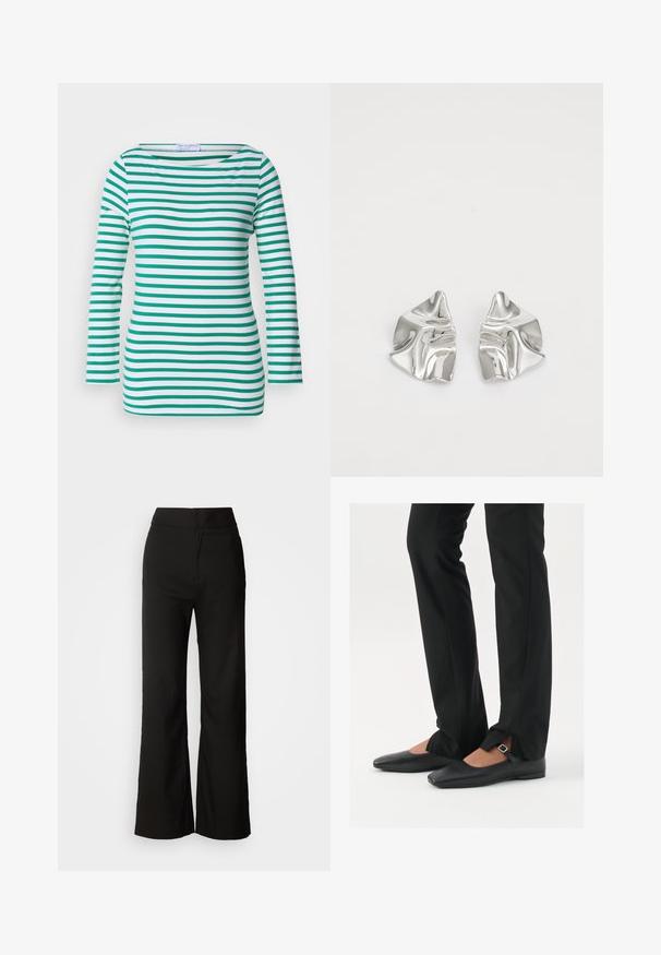 Pull de malha cinza com mangas longas e gola redonda. Apresenta um padrão texturizado e uma bainha canelada, feito de um material macio e quente.; Camisola de mangas longas às riscas em branco e verde, com riscas horizontais, decote barco e design ajustado. Textura de tecido suave.; Calças largas pretas com uma textura suave, cintura alta e um design clean. Sem bolsos visíveis ou adornos.; Sapatilhas de balé pretas em couro com bico fino, tira com fivela prateada, combinadas com calças pretas ajustadas com bainha fendida.; Brincos de metal prateado com um design ondulante e escultural, apresentando um acabamento polido e formas irregulares, destacando uma estética contemporânea.