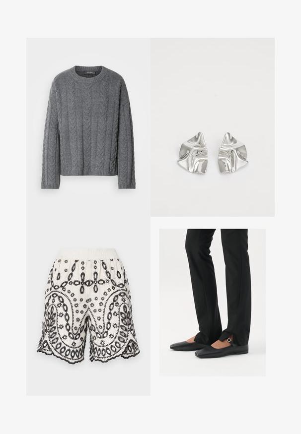 Šedý pletený svetr s dlouhými rukávy a kulatým výstřihem. Má texturovaný vzor a pružný lem, je vyroben z měkkého, teplého materiálu.; Bílé látkové šortky s propracovanou černou výšivkou, obsahující květinové a paisley vzory, elastický pas a zvlněné okraje.; Černé kožené baleríny s špičatou špičkou, páskem se stříbrnou sponou, společně s černými kalhotami s úzkým střihem a rozparky na lemech.; Stříbrné kovové náušnice s vlnitým, sochařským designem s leštěným povrchem a nepravidelnými tvary, které zdůrazňují moderní estetiku.