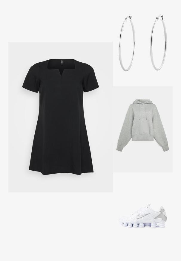 Graue, verkürzte Kapuzenjacke aus weichem Stoff. Sie verfügt über eine verstellbare Kapuze mit Zugband, weite Ärmel und ein kleines Logo auf der Vorderseite.; Schwarzes Kleid mit kurzen Ärmeln, quadratischem Ausschnitt und A-Linie. Hergestellt aus glattem Stoff, der einen leichten Glanz aufweist und keine sichtbaren Muster hat.; Weiße Sportschuhe mit einem oberen Teil aus Mesh, silbernen Akzenten und einem einzigartigen Spiralsohlendesign. Verfügt über einen gepolsterten Schaft und eine Schnürung für optimalen Halt.; Silberne Creolen mit einer glatten, polierten Oberfläche und einer dünnen, runden Form. Das Design verfügt über einen sicheren Verschluss.