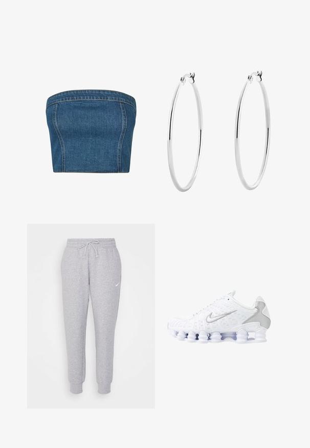 Siva skraćena dukserica napravljena od mekog materijala. Ima podesivu kapuljaču, široke rukave i mali logo sprijeda.; Tamni plavi denim bezrameni top s strukturiranim krojem, bočnim šavovima i vidljivim šavovima duž rubova za dodatne detalje.; Svijetlosive trenirke s elastičnom trakicom u struku, sužene nogavice i mali bijeli logo na lijevom bedru. Izrađene su od mekog, teksturiranog materijala.; Bijele atletske tenisice s mrežastim gornjim dijelom, srebrnim akcentima i jedinstvenim dizajnom potplata u obliku spirale. Imaju podstavljeni ovratnik i vezanje za prilagodbu.; Srebrne naušnice u obliku obruča s glatkom, poliranom završnom obradom i besprijekornim dizajnom, s zaobljenim rubovima i sigurnim kopčama.
