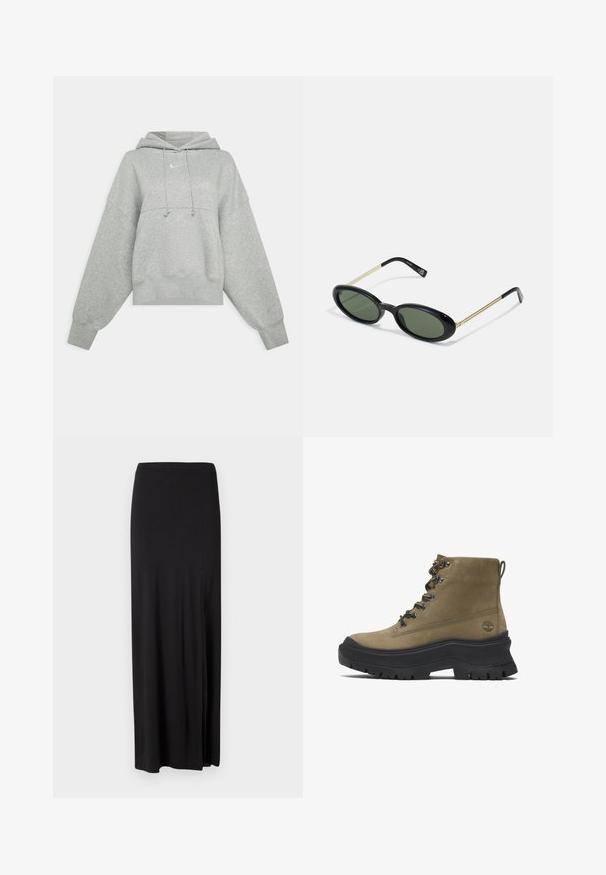 Felpa corta grigia realizzata in tessuto morbido. Presenta un cappuccio con cordino regolabile, maniche ampie e un piccolo logo sul davanti.; Gonna maxi nera realizzata in materiale morbido ed elastico. Presenta una fessura laterale e un design semplice e lineare senza decorazioni.; Stivaletto alla caviglia in pelle scamosciata verde oliva con suola nera spessa, ganci per lacci in metallo e un lato decorato da un motivo, con un logo sul retro.; Occhiali da sole a forma ovale con lenti verdi, parte anteriore in plastica nera e sottili aste in metallo dorato. Presentano un design minimalista con una superficie liscia.; Orecchini a cerchio in argento con una superficie liscia e lucida e una forma circolare sottile. Il design presenta una chiusura sicura.