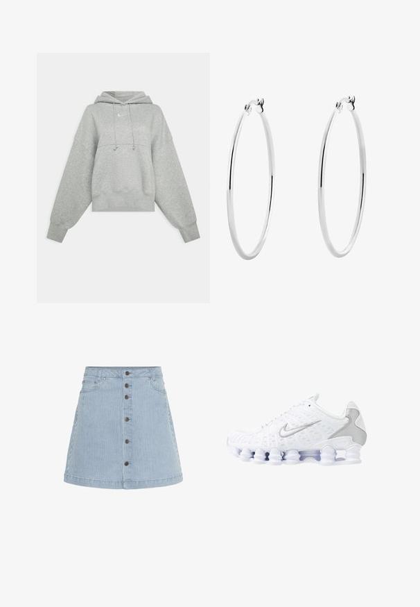 Sivka skrajšana kapuca iz mehke tkanine. Ima nastavljivo kapuco s vrvico, široke rokave in majhen logotip spredaj.; Jeans krilo v svetlo modri barvi z belimi črtami. Ima gumbasto zapiranje spredaj, dva stranska žepa in razširjen rob.; Beli športni čevlji z mrežasto zgornjico, srebrnimi detajli in edinstvenim dizajnom podplata s tuljavami. Imajo obloženo ovratnik in zapiranje na vezalke za boljše prileganje.; Srebrni obroči za ušesa z gladko, polirano površino in tanko, okroglo obliko. Oblikovanje vključuje varen zaponko.